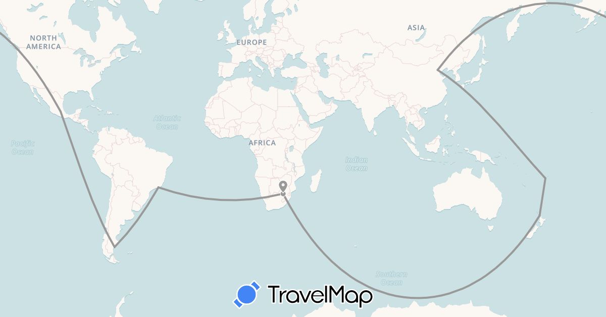 TravelMap itinerary: driving, plane in Argentina, Brazil, China, Fiji, Mexico, New Zealand, South Africa (Africa, Asia, North America, Oceania, South America)
